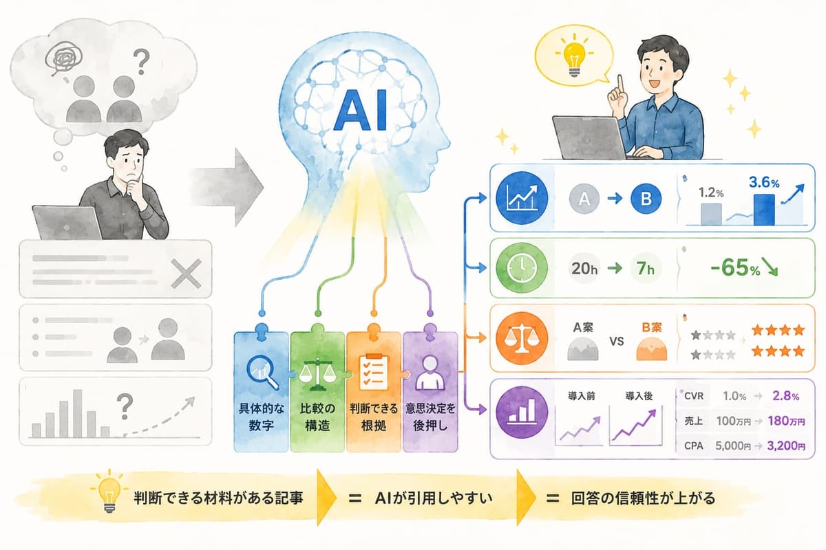 具体的な数字・比較の構造・判断できる根拠・意思決定の後押しがある記事は、「判断できる材料がある記事＝AIが引用しやすい＝回答の信頼性が上がる」と示す図。CVR 1.2%→3.6%などの例を添える
